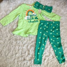 Nwt Includes 3 Pieces Shamrock Print St Patrick’s Day St Pattys Day Green “Good Lucky Charm” Lucky Rainbow Fun Green Cotton Set, Green Cotton Playtime Sets, Green Playful Sets For Spring, Green Cotton Sets For Playtime, Playful Green Sets For Spring, Cute Green Sets For Spring, Cute Green Spring Sets, Cute Green Playtime Sets, Playful Green Spring Sets