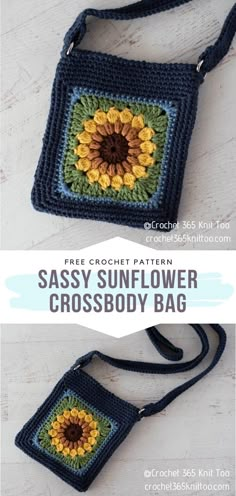 a crocheted cross body bag with a sunflower on the front and side