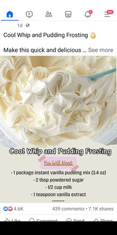 an image of a white frosted cake with icing on the top and text that reads cool whip and pudding frosting see more