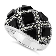 Top of ring height: 12.9mm

Band width: 5mm

Shank width: 4mm



Stone material: black onyx

Stone shape: multi

Stone setting: inlay setting



Metal: 925 sterling silver

Plating: rhodium plated

Finish: high polish Onyx Silver Ring, Helmet Ring, Silver Jewelry Diy, Marcasite Jewelry, Costume Jewelry Rings, Silver Jewellery Indian, Marcasite Ring, Sterling Silver Marcasite, Black Onyx Stone