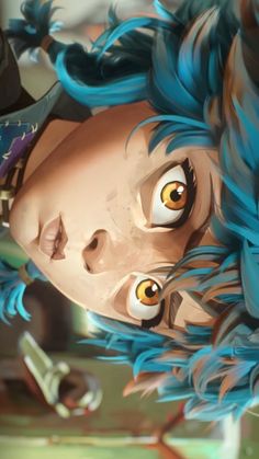 a close up of a person with blue hair and an anime character in the background