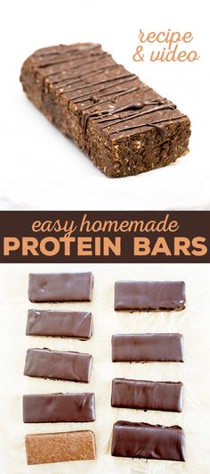 homemade protein bars made with chocolate and peanut butter are ready to be eaten for breakfast