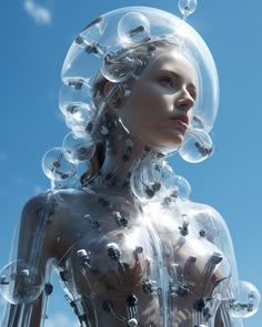 a woman with lots of bubbles on her head and body, standing in front of a blue sky