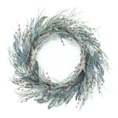 a wreath with red berries and greenery is shown on a white background for use as an ornament