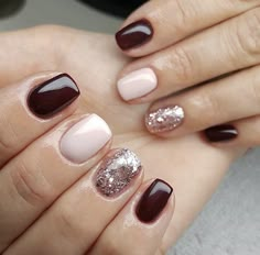 New Year's Nails Short, Gel Fall Nails 2022, January Birthday Nails 2023, Rhinestone Fall Nails, Dip Manicure Ideas Fall, Brown And Gold Gel Nails, Multi Colored Nails Winter, Short Dip Nails Fall, Fall Gel Nails Ideas Short