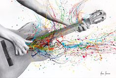 a person holding a guitar with paint splatters all over it