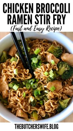 chicken broccoli ramen stir fry in a white bowl with chopsticks