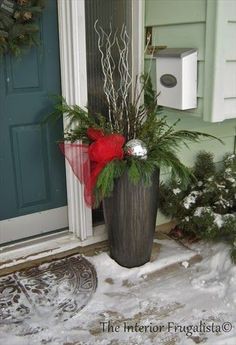 a potted plant sitting in front of a blue door with snow on the ground