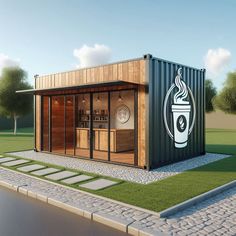 a small building made out of shipping containers with a coffee logo on it's side