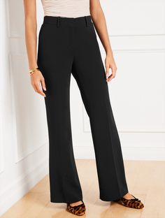 Tailored charm meets on-trend . Our fashion-forward flare leg pants are perfect for work and travel. Easy-to-pack, easy care. Simple elegance in lightweight, wrinkle-resistant fabric and a sophisticated fit. Features Flat Front/Trouser Flare Leg Hits High Waist Full Length Front zip with hook & bar closure Front Angled slip, Back welt pockets Lined Imported Fit: Misses: 31 1/2"; Petite: 29"; Plus: 31 1/2"; Plus Petite: 29" Material: 69% Triacetate, 31% Polyester; Lining: 100% Polyester Care: Mac Work And Travel, Flare Leg Pants, Classic Style Women, Easy Travel, Work Travel, Simple Elegance, Work Outfits, Welt Pockets, Modern Classic