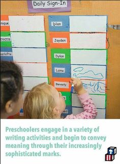 two children writing on a bulletin board with different types of signs attached to the wall