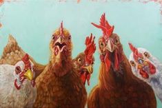 three chickens standing next to each other in front of a blue background with one chicken looking at the camera