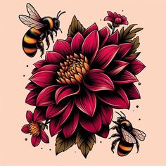 some flowers and bees on a pink background