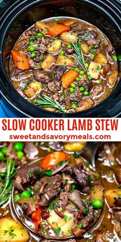 slow cooker lamb stew in a crock pot with carrots, potatoes and peas