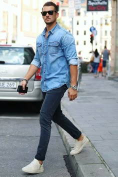 Amazing Street Style Looks For Men #mens #fashion #style Mens Denim Shirt Outfit, Denim Shirt Outfits, Denim Shirt Outfit, Denim Outfit Men, Blue Denim Shirt, Denim Shirt Men, Hipster Mens Fashion