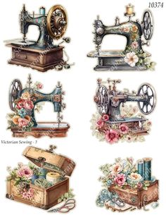 four different sewing machines with flowers on the front and side, one has an old sewing machine