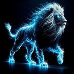 a lion with blue flames on it's face and tail, standing in the dark