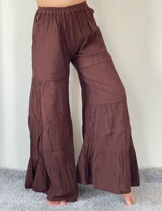 "Wide Leg Style Lady Pants with elastic waistband. Cotton/Rayon Blend Measurement: Waist: 30-40\" Hip: up to 46\" Length: 42\" Inseam: 28\" Ankle 34\" Shipping & Handling ❤️❤️❤️ Parcels will be ship via DHL Express ❤️❤️❤️❤️ Shipping : - All item will be shipped in 1 business days after receiving payment. We ship item via DHL Express. We use registered shipment for every product of ours. You can always track whereabouts it is and what happens to the item. We will always declare the package as Cotton Wide Leg Pants With Pull-on Style, Casual High Waist Wide Leg Rayon Pants, Loosely Fitted Brown Bottoms With Elastic Waistband, Brown High-waisted Harem Pants With Elastic Waistband, Brown Bottoms With Elastic Waistband And Loosely Fitted Hips, Cotton Ankle-length Bottoms For Vacation, Ankle-length Cotton Bottoms For Vacation, Loosely Fitted Ankle-length Bottoms For Vacation, Solid Non-stretch Ankle-length Wide Leg Pants