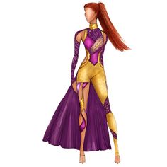 a woman in a purple and gold outfit with long red hair, standing on one leg