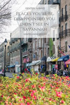 a city street with flowers in the foreground and a quote overlay that reads, places you'll be disappointed you didn't see in savannah