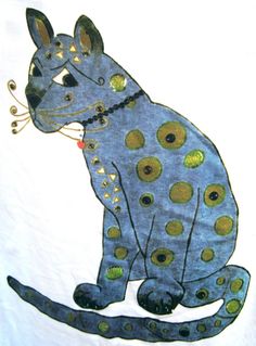 a drawing of a blue cat with gold dots on it's chest and tail