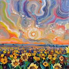 an abstract painting of sunflowers and clouds