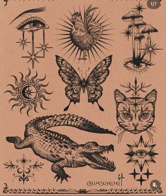 an old school tattoo design with cats and other animals