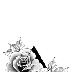 a black and white drawing of a rose with leaves on it's back side