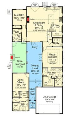 the floor plan for a house with two garages and an attached pool area,