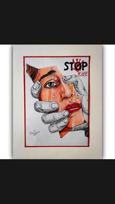 a drawing of a person holding their hands up to their face with the word stop on it