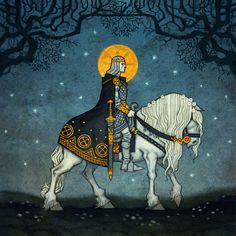 a painting of a knight riding on the back of a white horse in front of trees