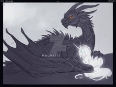 a drawing of a black dragon sitting on top of a white cloud covered ground with the words madpath written below it