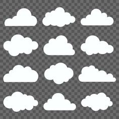 white clouds on a transparent background, set of nine different shapes and sizes for your design