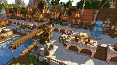 Minecraft Town On Water, Minecraft Crowded Village, Medieval Town Layout Minecraft, Minecraft Medieval Port City, Water Town Minecraft, Minecraft Medieval Town Ideas, Medieval Town Square Minecraft, Cute Minecraft Towns, Minecraft Medieval Town Center