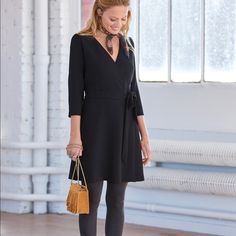 Cache-Cur Dress 3/4-Length Sleeves Fastened With A Belt Tied At The Waist Body Lining Length: 90 Cm / 35.4 In Black Wrap Dress For Fall Workwear, Workwear Dresses With Tie Waist And 3/4 Sleeve, 3/4 Sleeve Wrap Dress For Work, Chic Fitted Wrap Dress With 3/4 Sleeve, Chic 3/4 Sleeve Tie-waist Dress, Chic 3/4 Sleeve Dress With Tie Waist, Chic Tie Waist Dress With 3/4 Sleeves, Black Tie Waist Dress For Office, Bateau Neckline Dress