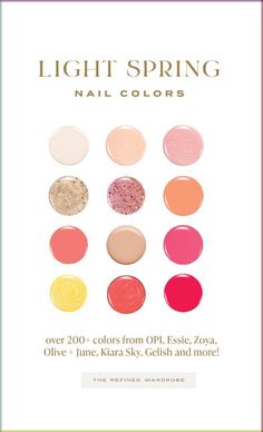 200  Best Nail Polish Colors For Soft Summers: Shades From DND, Essie, OPI, Olive   June, Zoya, Gelish, Kiara Sky and more! Light Spring Nail Polish, True Spring Nail Colors, Light Spring Nail Colors, Bright Spring Nail Colors, Light Summer Nails, Light Spring Makeup, Spring Nail Colours, True Spring Color Palette, Light Spring Palette