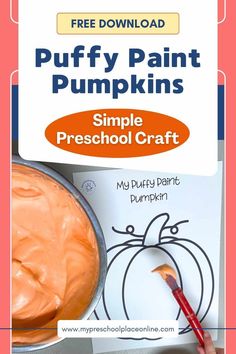 a pumpkin coloring page with the title, puffy paint pumpkins simple preschool craft