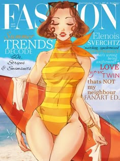 a woman in a yellow swimsuit on the cover of fashion magazine