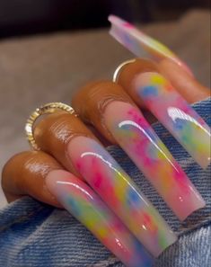 Freaknik Nails Ideas, Dark Rainbow Nails, Spring Long Acrylic Nails, Long Nail Designs Summer, Nail Designs 90s, Nails Acrylic Colorful, Freaknik Nails, Long Spring Nails, Long Nails Spring