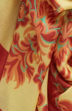 The label's signature paisley swirls are rendered in deep crimson across a warm backdrop on this softly frayed scarf cut from a rich blend of wool, cashmere and silk. 64 1/2" x 26" 40% wool, 30% cashmere, 30% silk Dry clean Made in Italy Etro Paisley, Fabric Gift Bags, Fabric Gifts, Free Fabric, Print Gifts, Wool Blend, Paisley, Cashmere, Print Design