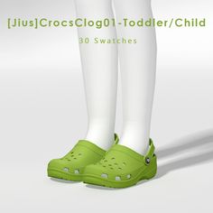 the legs and feet of a person wearing green clogging shoes with white socks