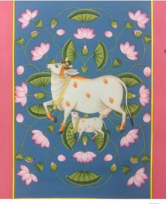 an image of a cow and her calf in the middle of flowers on a blue background