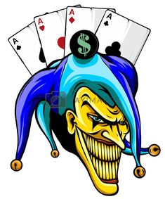 an evil clown face with four playing cards