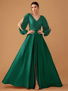 Women's Elegant Glitter Patchwork V-Neck Lantern Sleeve Graduation Party Dress Dark Green Elegant  Long Sleeve Sequins Plain,All Over Print A Line Slight Stretch  Weddings & Events, size features are:Bust: ,Length: ,Sleeve Length: Green Dress Outfit, Hunter Green Dresses, Graduation Party Dresses, Boda Mexicana, Gaun Fashion, 파티 드레스, Long Sleeve Sequin, Cocktail Party Dress, Lantern Sleeves