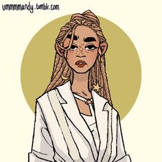 a drawing of a woman with long blonde hair wearing a white shirt and gold earrings