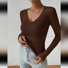 Brown Fitted V Neck Sweater With Scalloped Edges. Euc. Never Worn. Comes From A Smoke Free Pet Free Home Sweaters Brown, Shein Sweater, Scalloped Collar, Brown Fits, Scalloped Edges, Brown Sweater, V Neck Sweater, Vneck Sweater, Neck Sweater