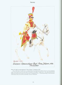 an image of a man riding on the back of a white horse with red and yellow accents