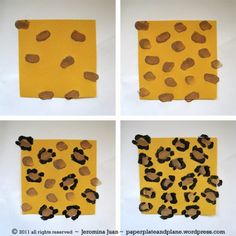 four pictures of different shapes and sizes of yellow paper with brown spots on them,