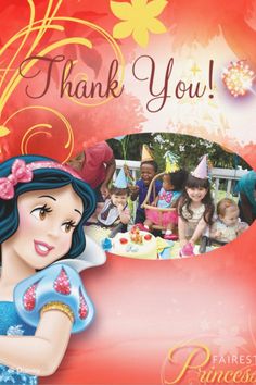 an image of a princess birthday card with the words thank you on it and pictures of her