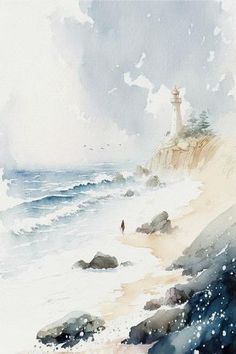 a watercolor painting of a person walking on the beach with a lighthouse in the background